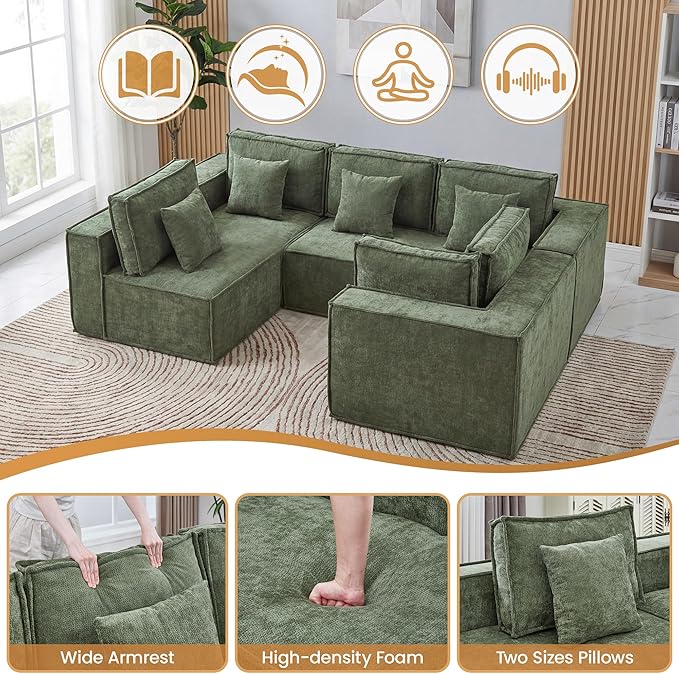 108'' Boneless Chenille U Shaped Couch, Oversized Modular Sectional 5 Seater Sofa, Modern Deep Seat Corner Cloud Compressed Couch, No Assembly Sleeper Sofa with Chaise for Living Room, Green