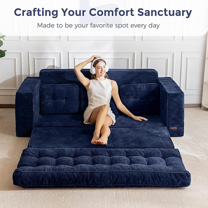 MAXYOYO Convertible Sofa Bed, Pull Out Oversized Loveseat Sleeper Sofa, 2 in 1 Folding Couch Bed, Fold Out Floor Couch with Pillows for Living Room Bedroom Lounge, Navy