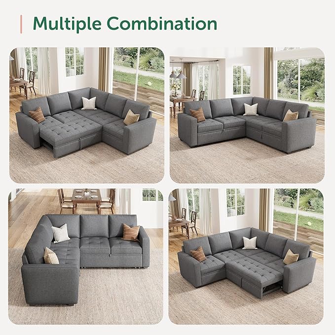 HONBAY Modular Sectional Sleeper Sofa with Pull Out Bed, Linen Convertible L Shaped Couch with Storage Seat, Sectional Couches for Living Room,Grey