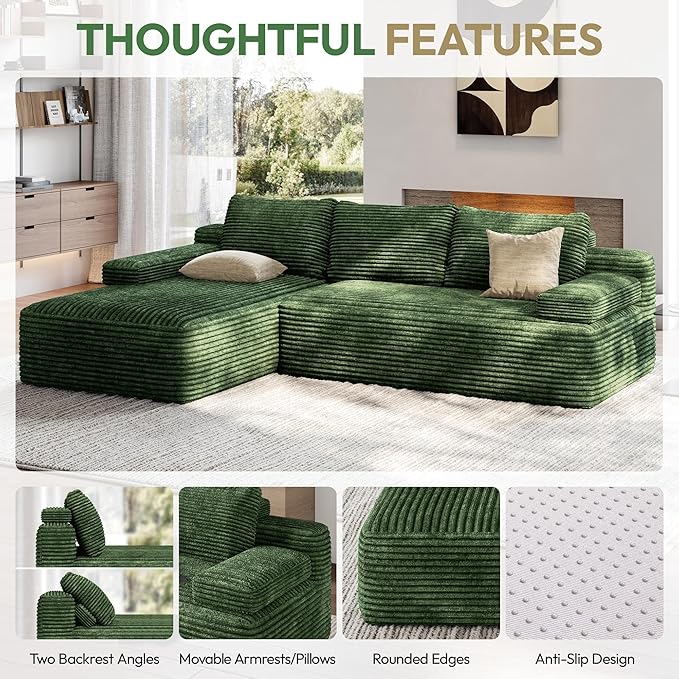Yaheetech 110" Modular Sectional Sofa Corduroy Boneless Couch with Chaise L-Shape Cloud Couch with Detachable Pillows No Assembly Sofa for Living Room, Green