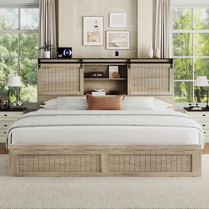 King Size Bed Frame with Storage Headboard, Sliding Barn Door, Wood Platform Bed with Reading Light and Charging Station, Wood Slats Support, Easy Assembly, Noise-Free, Light Rustic Oak