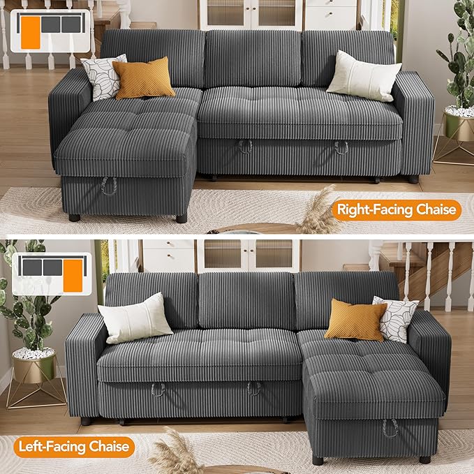 Vipbear Sectional Sleeper Couch with Pull Out Sofa Bed, L Shaped Plush Corduroy Couch with Reclining Backrest & Storage & USB Charging, Convertible Cloud Sectional Sofa Bed for Living Room, Grey | Breathable material, Tool-Free Assembly, Reclining Back...