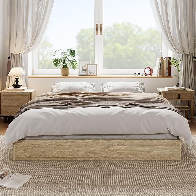 Wood Platform Bed with Sturdy Wooden Slats, King Size Floor-Standing Bed Frame, Modern Minimalist Design Bed Frame, No Box Spring Needed, Easy Assembly
