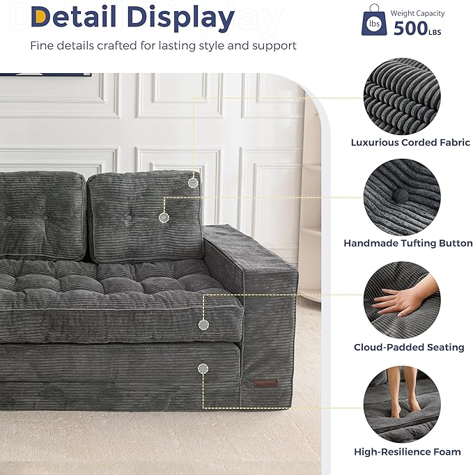 MAXYOYO Convertible Sofa Bed, Pull Out Oversized Loveseat Sleeper Sofa, 2 in 1 Folding Couch Bed, Fold Out Floor Couch with Pillows for Living Room Bedroom Lounge, Dark Grey
