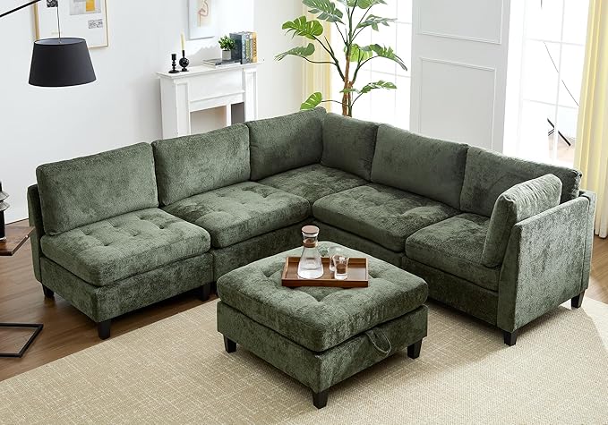 Luxe Oversized Modular Sectional Sofa, Modern Chenille Convertible Sleeper Sofa with Storage Ottoman, Comfy Deep Seat U-Shaped Cloud Couch for Living Room（Green，5-Seater + 1*Ottoman+ Tea Tray）