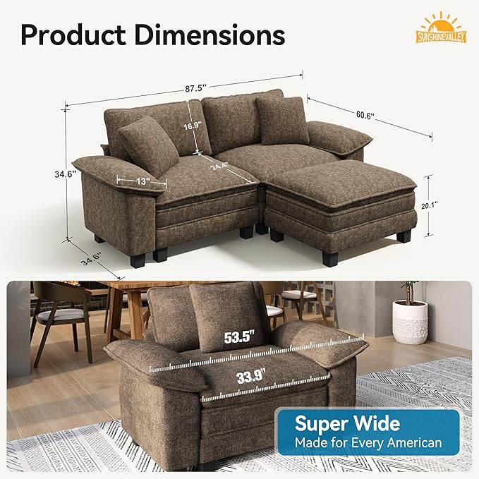 Sectional Loveseat with Ottoman, 87.5'' Oversized Chenille Love Seat Modular Sofa Couch with Pillow, 3-Seat Modern L Shaped Cloud Deep Seat for Bedroom Small Space, Taupe