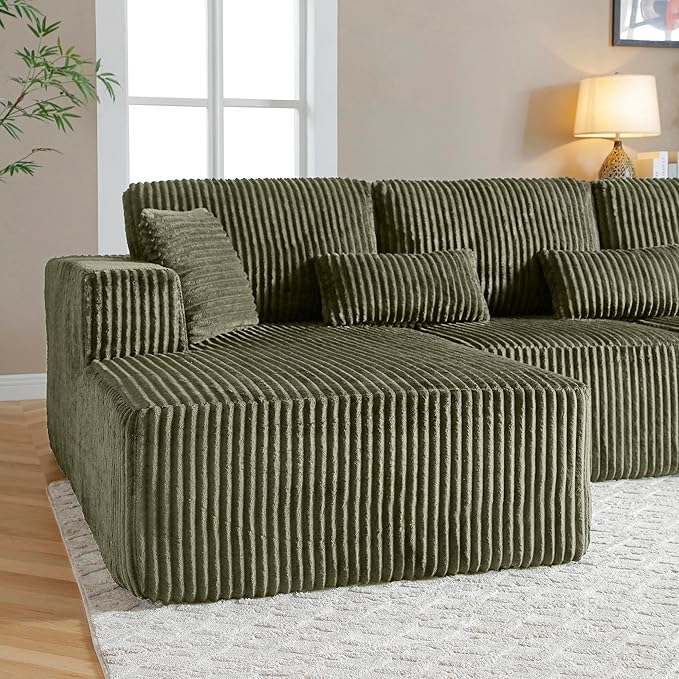 L Shaped Modular Boneless Sectional Couches for Living Room, Wide Armrest, Deep Seat, Memory Foam, Assembly Free, Modern Comfy Corduroy Fluffy Cloud Sofa with Left Chaise, Green