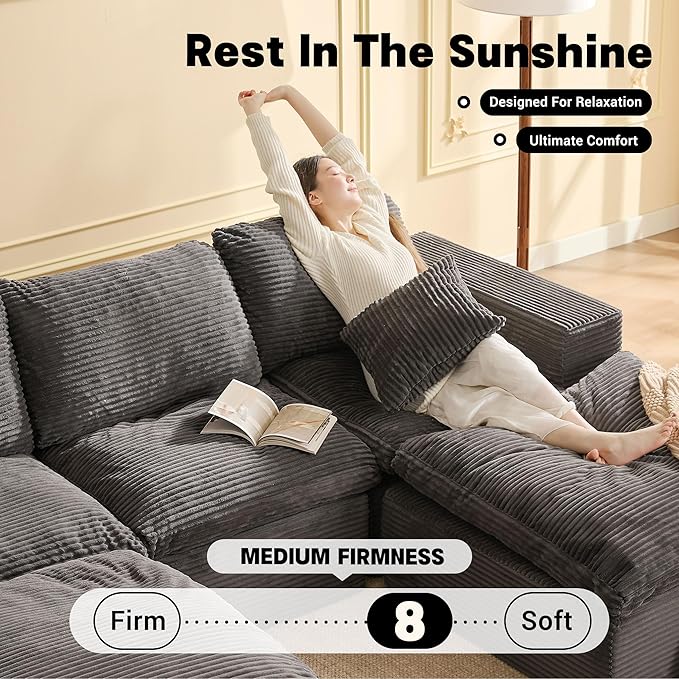 106.3” Sectional Couches for Living Room, Set of Cloud Couch, Modular Sectional Sofa, Convertible Sofas Bed, Deep Seat Sofa, U Shaped Cozy Sofa Furniture Set, Corduroy, Gray
