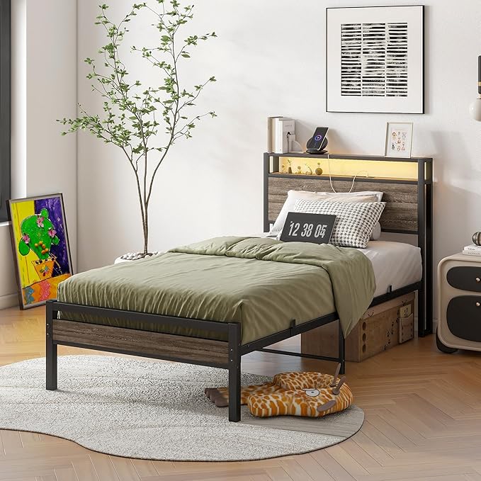 BOFENG Twin Bed Frame with Wood Headboard and USB Charging Station,Heavy Duty Metal Platform Single LED Bed Frame Twin Size with Storage No Box Spring Needed,Strong Steel Slats,Noise Free,Rustic Grey