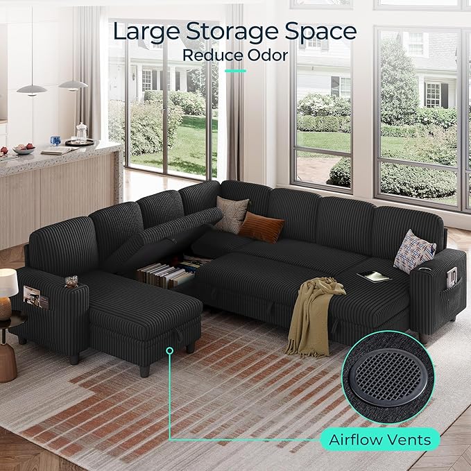 LINSY HOME Sectional Sleeper Sofa with Pull Out Couch Bed - Convertible Plush Corduroy Cloud Couches with Storage Chaise & USB Charging, Comfy Modular Couch for Living Room, Black
