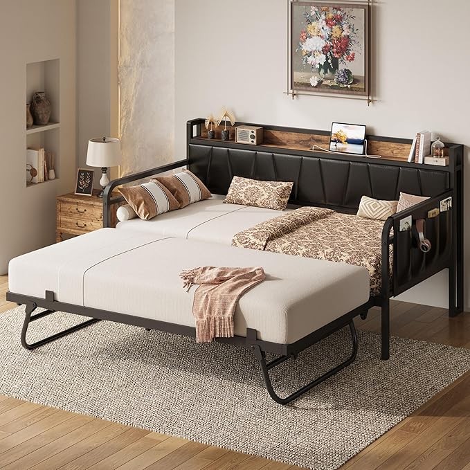 LIKIMIO Daybed with Trundle Bed, Twin Bed Frame with Storage Headboard and Charging Station, Sofa Day Bed with Strong Supports for Living Room, Bedroom, and Guest Room, Black