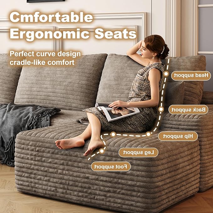 108" Sectional Couches for Living Room Cloud Couch Sofa with L-Shape Upholstered Boneless Couchs Modern Modular Sectional Couch with Chaise (Camel, 108" Left Facing Chaise+2Seaters+1Ottoman)