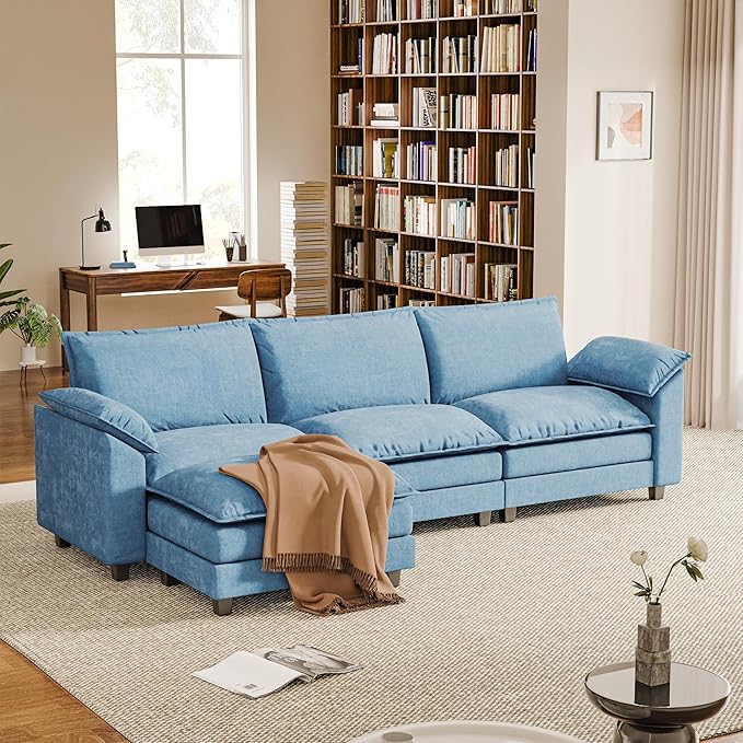 118.9'' L Shaped Sectional Couch, Modular Cloud Sofa with Deep Seat & Double Layer Cushion, Modern Chenille Sofa Couches with Movable Ottoman for Living Room & Appartment (Dark Blue, L Shaped Sofa)
