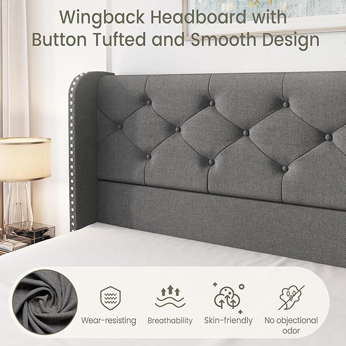 LARMACE Full Size Bed Frame with 4 Storage Drawers and 47.2" Tall Wingback Headboard Linen Upholstered Platform Bed Frame Tufted Beds with Wooden Slats Support, Easy Assembly, Light Grey