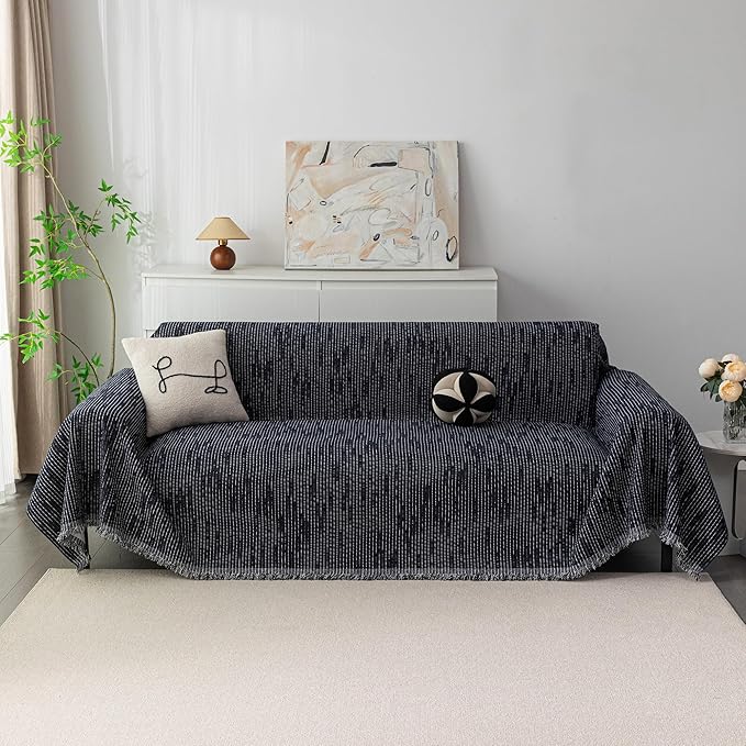 MYSKY HOME Boho Couch Cover Navy Sofa Covers with Tassel Farmhouse Sofa Slipcover Simple Couch Protector for Dogs Chenille Sectional Couch Covers L Shaped Couch Cushion Covers, 71"x 134"