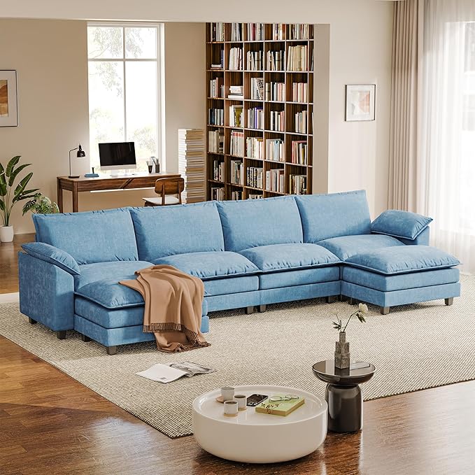 Modular Sectional Sofa with Double Layer Cushion, U Shaped Cloud Couch with 2 Movable Ottoman & Deep Seat, Oversized Chenille Sofa Couches for Living Room and Apartment (Dark Blue, U Shaped Sofa)