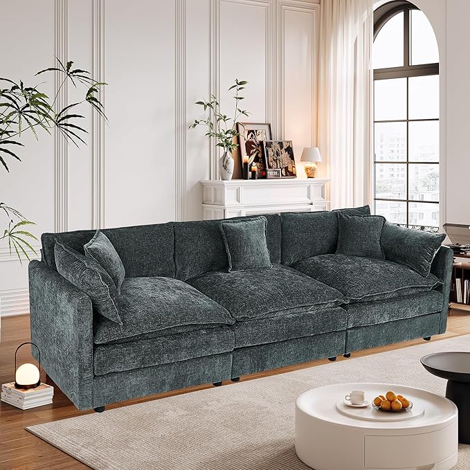 Setawix Chenille Cloud Couches for Living Room,3 Seater Cloud Sofa Couch with Deep Seat,112.2" Roomy Cloud Sofas,Modular Sectional 3 Seat Sofa with Pillows for Bedroom. (Grey, 3 Seater)