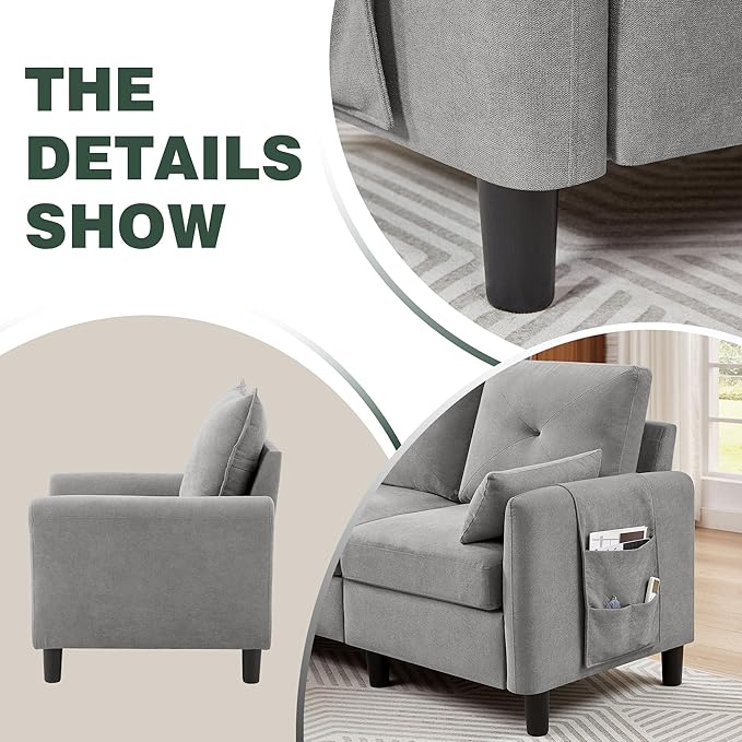 Convertible Sectional Sofa, 77" Small L Shaped 3 Seat Couch with Reversible Storage Chaise, and Accent Chair Set Modern Polyester Fabric Sofa Couches for Living Room, Apartment, Light Grey