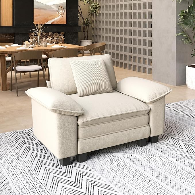 53.5'' Oversized Accent Chair, Chenille Single Seat Modular Sofa Chair with Wider Armrest and Pillow, Modern Cloud Deep Seat Armchair for Bedroom Living Room, Beige