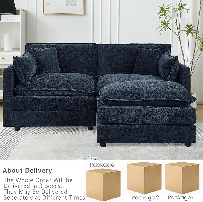 Setawix Deep Loveseat Couch with Ottoman,Large L-Shaped 2 Seater Cloud Couches for Living Room,77.16" Chenille Cloud Sofas with Deep Seat,Modular Sectional 2 Seat Sofa for Bedroom (Blue, 2+1)