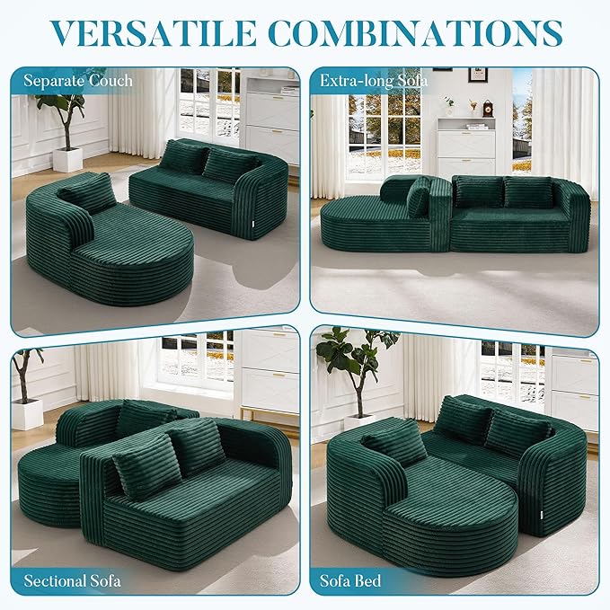 Hobestluk 96" Cloud Sectional Couch Modern Boneless Couch 3 Seater with Oversized Chaise L Shaped Modular Sofa Couches for Living Room Apartment No Assembly Required (Stripe Green,Left Facing Chaise)