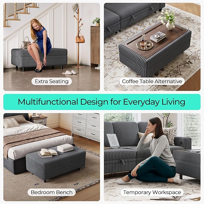 LINSY HOME Sectional Sleeper Sofa - Modular Ottoman Module (Grey, Sleeper Sofa Ottoman) | Storage, Convertible, Coffee Table, Plush Corduroy