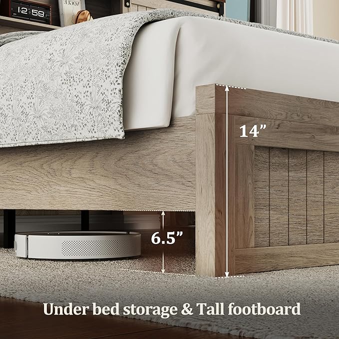 King Size Bed Frame with Storage Headboard, Sliding Barn Door, Wood Platform Bed with Reading Light and Charging Station, Wood Slats Support, Easy Assembly, Noise-Free, Light Rustic Oak