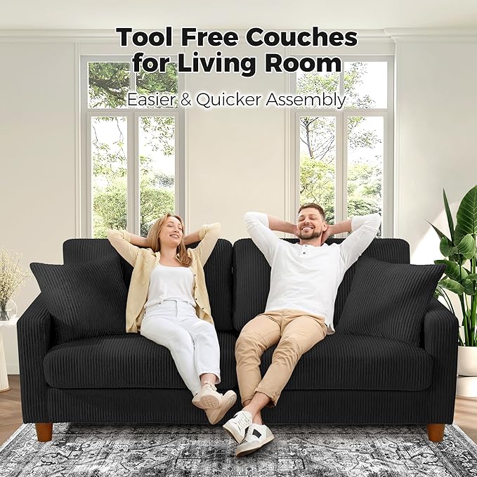 Kidirect 70in U Shaped Couch, Modular Sofa No Tool Assembly, Comfy Sectional Couches for Living Room 21in Deeper Seats, Corduroy Sofas for Living Room with 2 Pillows, Loveseat Sofa Set, Black Couch | Comfy Corduroy, Oversized 70in Couch, 700LB Tough, T...
