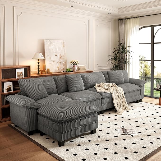 PHI VILLA Cloud Modular Couch Sets, 157.5" Sectional Sofa with L-Shaped Chaise, 5-Seater Upholstered Couches with Movable Ottoman for Living Room, Corduroy Fabric, Grey