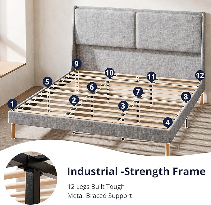 Cozy Castle King Size Upholstered Platform Bed Frame with 51.2" Tall Wingback Headboard, Double Backrest Metal Bed Frame, No Box Spring Needed, Easy Assembly, Bedroom Furniture, Grey