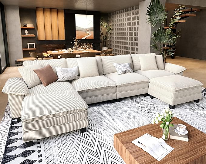 U Shaped Modular Cloud Couch, 157.5'' Oversized Corduroy Sectional Sofa with Wider Armrest and Ottoman, Upholstered 6-Seat Modern Deep Seat for Bedroom Living Room, Beige