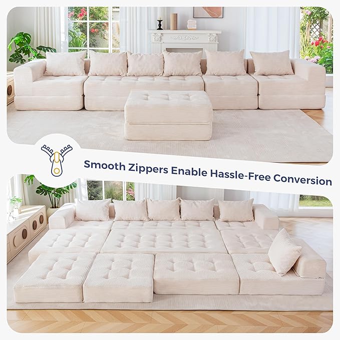 MAXYOYO Modular Sectional Sofa Couch, Foldable U Shaped Cloud Couch with Pillows, Tufted 7-Seat Boneless Sleeper Lounger Floor Sofa Bed for Living Room, No Assembly Required, Beige