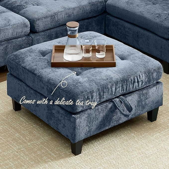 Luxe Oversized Modular Sectional Sofa, Modern Chenille Convertible Sleeper Sofa with Storage Ottoman, Comfy Deep Seat U-Shaped Cloud Couch for Living Room（Blue，6-Seater + 1*Ottoman）