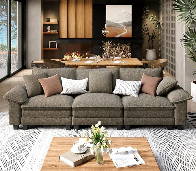 3 Seat Modular Sofa, 123.6'' Oversized Modern Chenille Sectional Couch with Wider Armrest and Pillow, Upholstered Cloud Deep Seat Sofa for Living Room, Smoky Grey