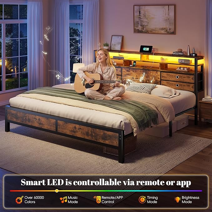 Homkdom King Bed Frame with 2-Tier Storage Headboard and 4 Drawers,Metal Platform Bed Frame with LED Lights & Charging Station,King Size Bed Frame 1100LB-Heavy Duty,No Noise,Rustic Brown