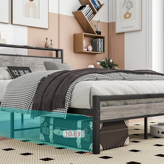 BOFENG Queen Bed Frame with Wood Headboard Storage,Heavy Duty Metal Platform Bed Frame Queen Size with Charging Station,Reinforced Steel Slats Support,No Box Spring Needed,Noise Free,Greige