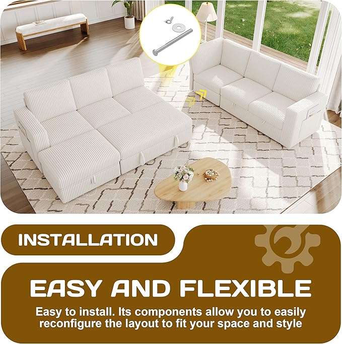 106.7" Sectional Sleeper Sofa with Pull Out Couch, Modern 7 Seat U Shaped Modular Couch, Sectionals Modular Sofa with Storage, Comfy Corduroy Couches Sectional for Living Room & Apartment, Beige