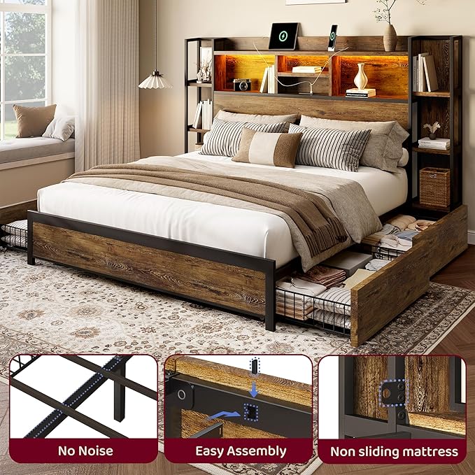 BRELTAM Queen Size Bed Frame with 4 Storage Drawers and Headboard Featuring Shelf Storage, Wooden Platform Bed Frame with LED Lights and Charging Station, Easy Assembly/No Box Spring Needed/Brown