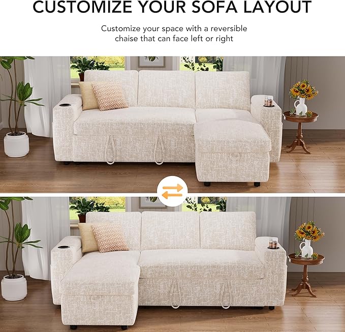 Vipbear Sleeper Sofa Bed, 82" Pull Out Couch with Reclining Backrest/Reversible Storage Chaise, 3 in 1 L-Shaped Couch with Armrest Storage | Cup Holder | Side Pocket | Tool-Free Assembly | Beige