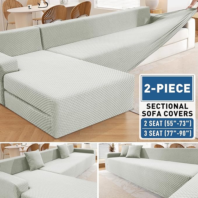 ZNSAYOTX Sectional Couch Covers, Stretch Jacquard Slipcovers with Elastic Bottom for L-Shape Sectional Sofa, 2 Pcs Pet Friendly Modular Sofa Protector (3 Seat Couch + 2 Seat Chaise, Ivory)