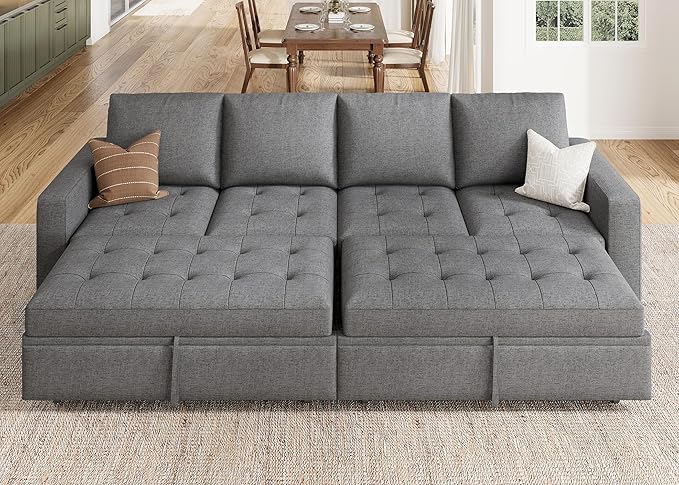 HONBAY Modular Sectional Sleeper Sofa with Pull Out Bed, Linen Convertible Sectional Couches for Living Room,Grey