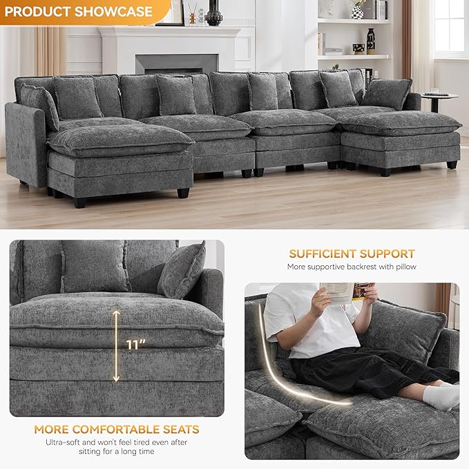 147'' Sectional Cloud Deep Seat Couch, Oversized Chenille U Shaped Sectional Sofa for Living Room Set, Comfy Upholstered Modular Sectional Sofa Couch with 2 Movable Ottoman, Grey