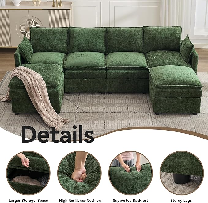 105" Cloud Modular 4 Seater Sofa with 2 Storage Ottoman, Modern Upholstered Sofa Storage Sofa Couch Deep Seat, U Shape Sectional Sofa Chenille Comfy Couch with Armrests for Living Room, Green