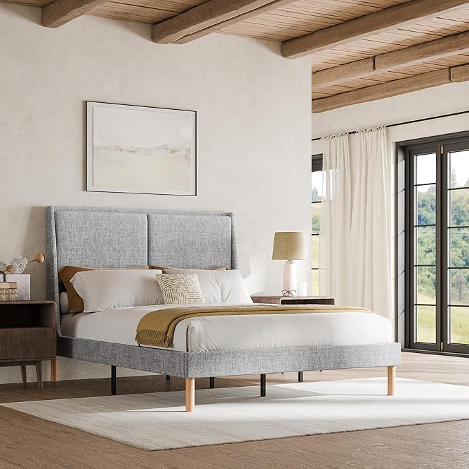 Cozy Castle Queen Size Upholstered Platform Bed Frame with 51.2" Tall Wingback Headboard, Double Backrest Metal Bed Frame, No Box Spring Needed, Easy Assembly, Bedroom Furniture, Grey