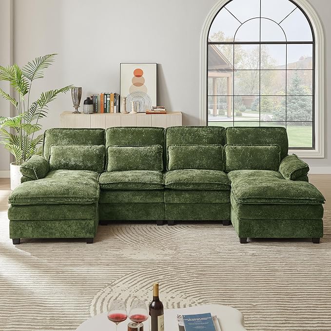 112" Modular Sectional Sofa, U Shaped Comfy Cloud Couch with Double Chaise and Padded Armrests, Modern Deep Seat Sectional Couches for Living Room, Apartment, Office, Green
