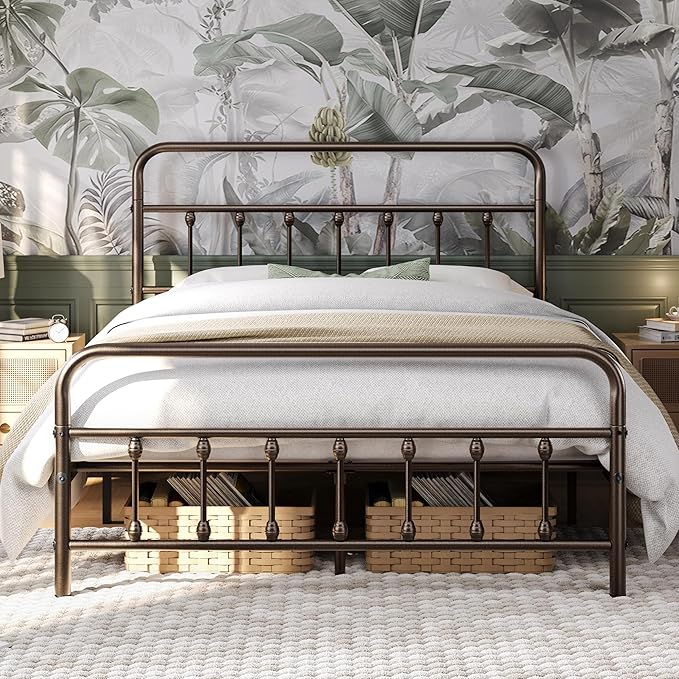Yaheetech Classic Metal Platform Bed Frame Mattress Foundation with Victorian Style Iron-Art Headboard/Footboard/Under Bed Storage/No Box Spring Needed/Full Size Bronze