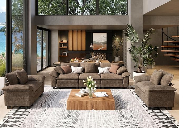 3 Piece Living Room Sofa Furniture Set, Oversized Chenille 2 Comfy Cloud Chairs and 3-Seat Modular Couch with Pillow, 5-Seat Modern Deep Sectional Sofa for Apartment, Taupe