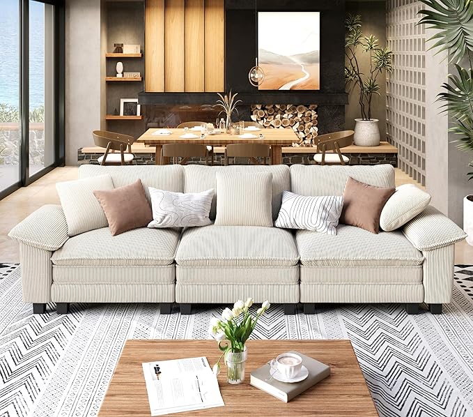 3 Seat Modular Sofa, 123.6'' Oversized Modern Corduroy Sectional Couch with Removable Armrest and Pillow, Upholstered Cloud Deep Seat Sofa for Living Room, Beige