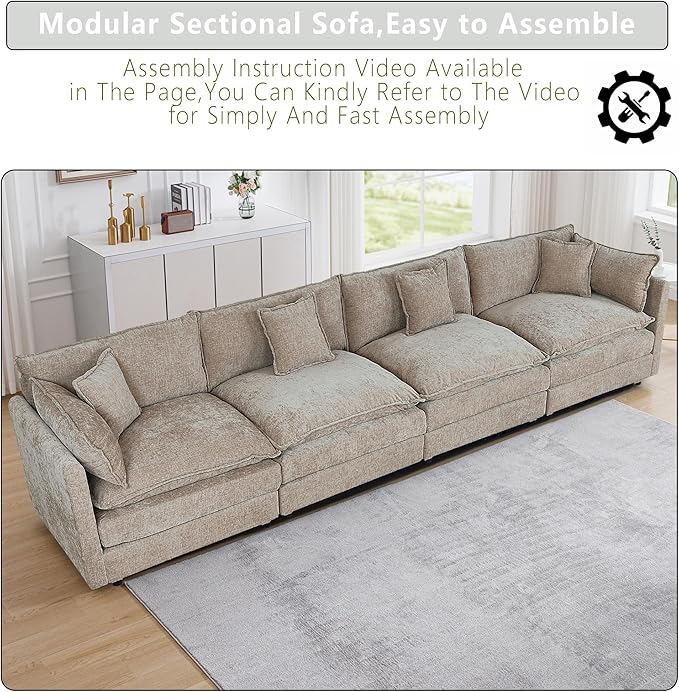 Setawix Chenille Cloud Couches for Living Room,4 Seater Cloud Sofa Couch with Deep Seat,147.22" Roomy Cloud Sofas,Modular Sectional 4 Seat Sofa with Pillows for Bedroom (Coffee, 4 Seater)