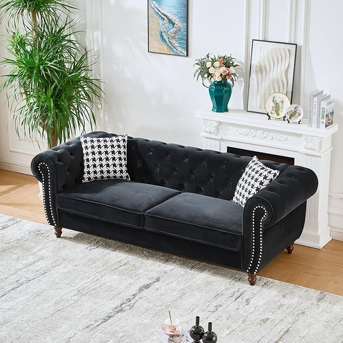 Comfortable Straight-Row Sofa with 2 Pillows,87" Refined Velvet 3 Seat Sofa with Roll Armrest & Nailhead,Sturdy Structure Upholstered Couch for Apartment,Office,Reception Area,Black